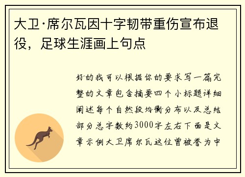 大卫·席尔瓦因十字韧带重伤宣布退役，足球生涯画上句点