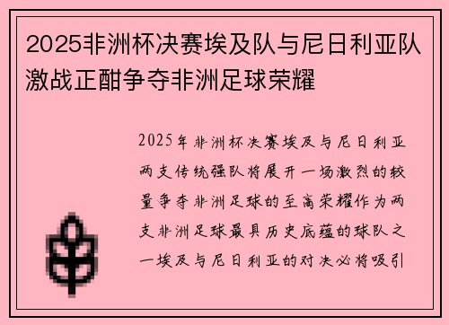 2025非洲杯决赛埃及队与尼日利亚队激战正酣争夺非洲足球荣耀
