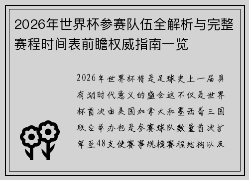 2026年世界杯参赛队伍全解析与完整赛程时间表前瞻权威指南一览 2026年世界杯参赛队伍全解析与完整赛程时间表前瞻权威指南一览
