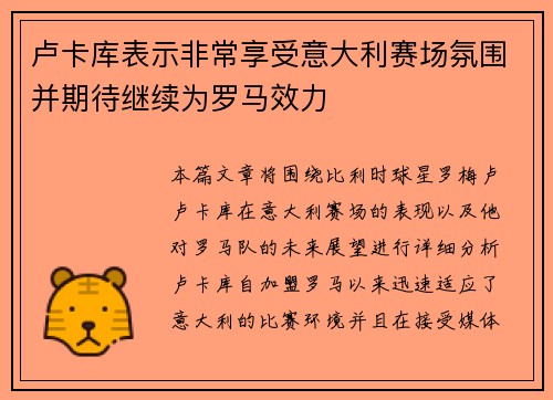 卢卡库表示非常享受意大利赛场氛围并期待继续为罗马效力