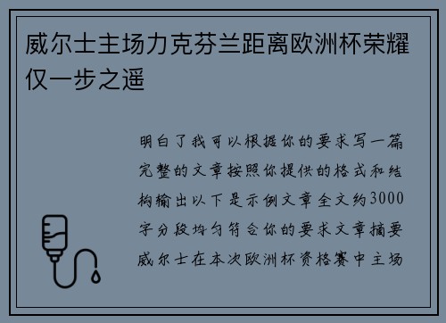 威尔士主场力克芬兰距离欧洲杯荣耀仅一步之遥